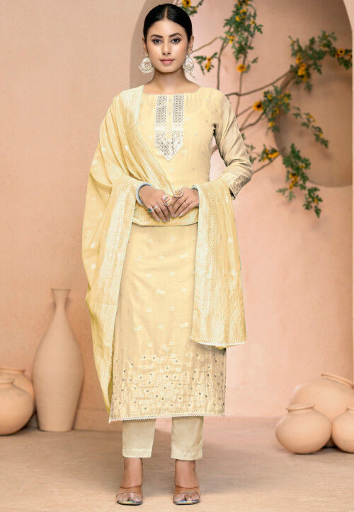 Woven Cotton Jacquard Pakistani Suit in Beige