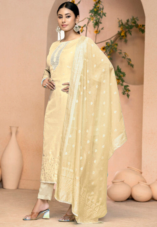 Woven Cotton Jacquard Pakistani Suit in Beige