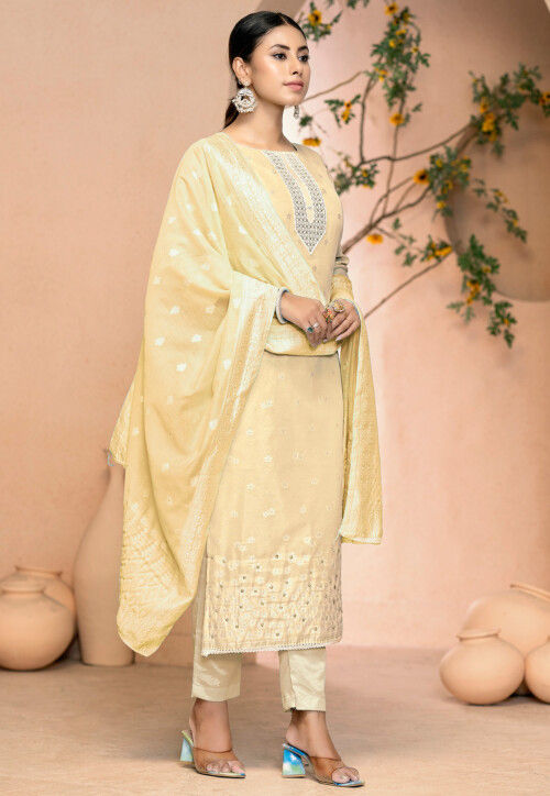 Woven Cotton Jacquard Pakistani Suit in Beige