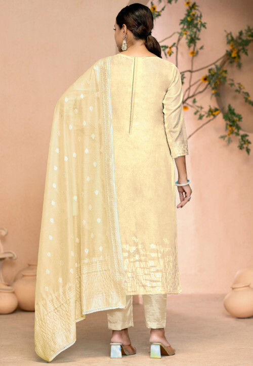 Woven Cotton Jacquard Pakistani Suit in Beige
