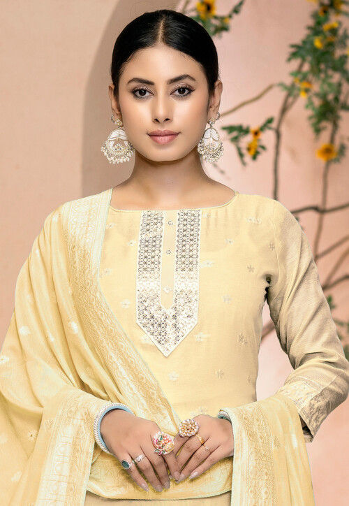 Woven Cotton Jacquard Pakistani Suit in Beige