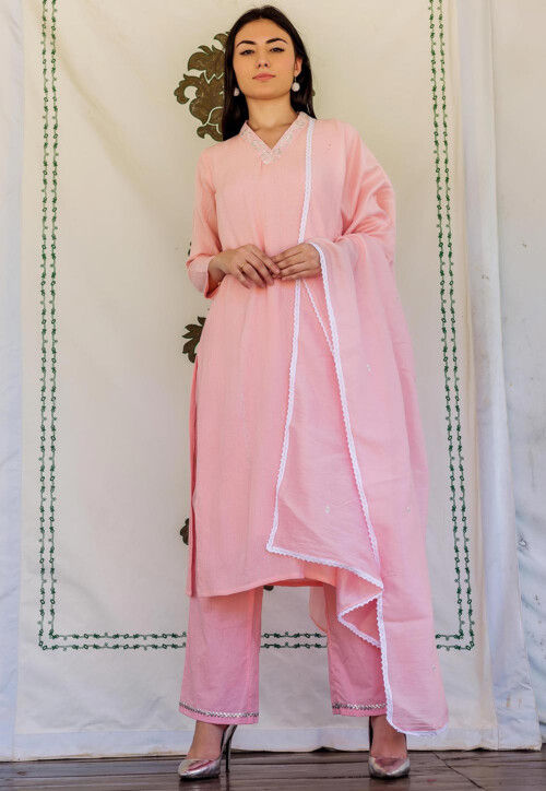 Woven Cotton Jacquard Pakistani Suit in Pink