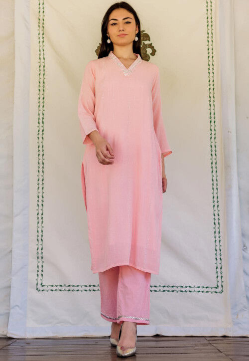 Woven Cotton Jacquard Straight Kurta Set in Pink
