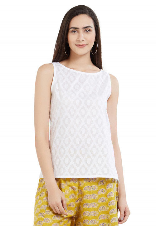 Woven Cotton Jacquard Top in Off White