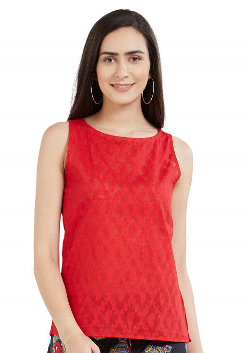 Woven Cotton Jacquard Top in Red