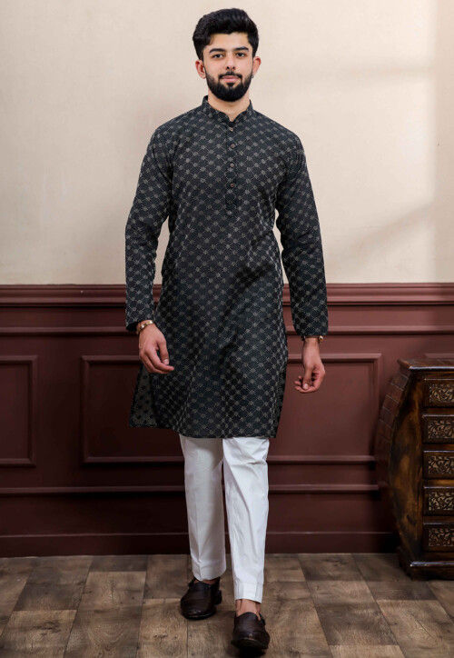 Woven Cotton Kurta Set in Black