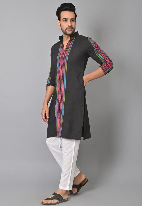 Woven Cotton Kurta Set in Black