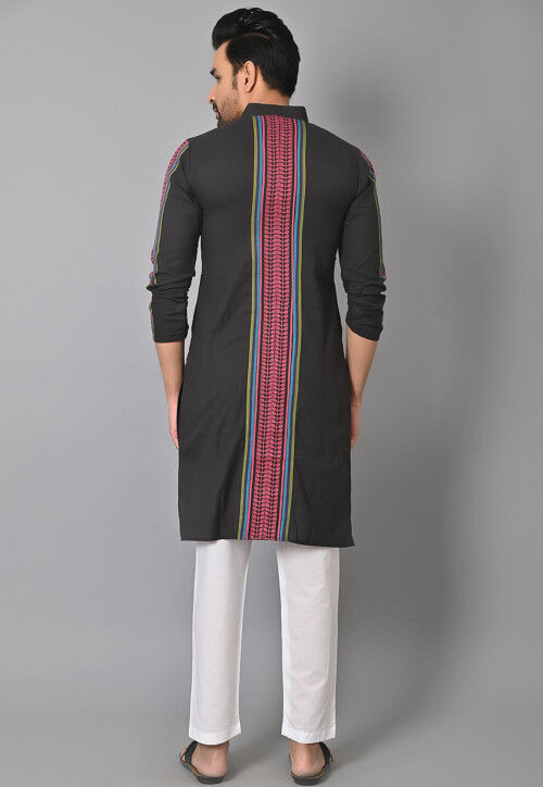 Woven Cotton Kurta Set in Black