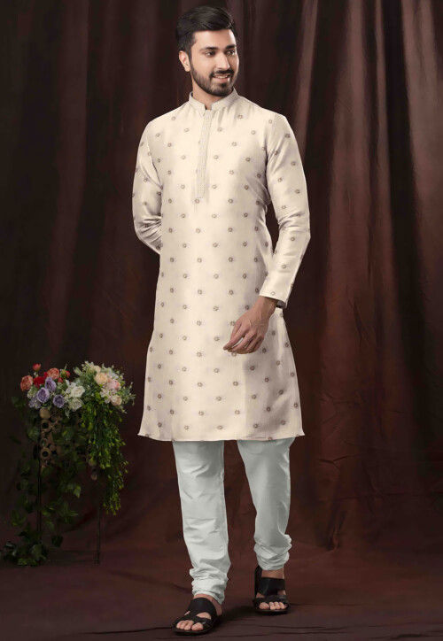 Woven Cotton Kurta Set in Cream