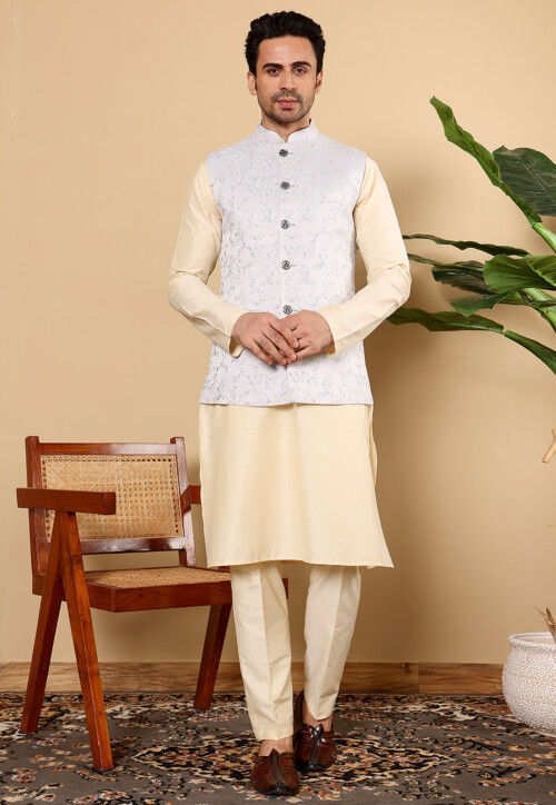 Woven Cotton Kurta Set in Light Beige and Light Blue