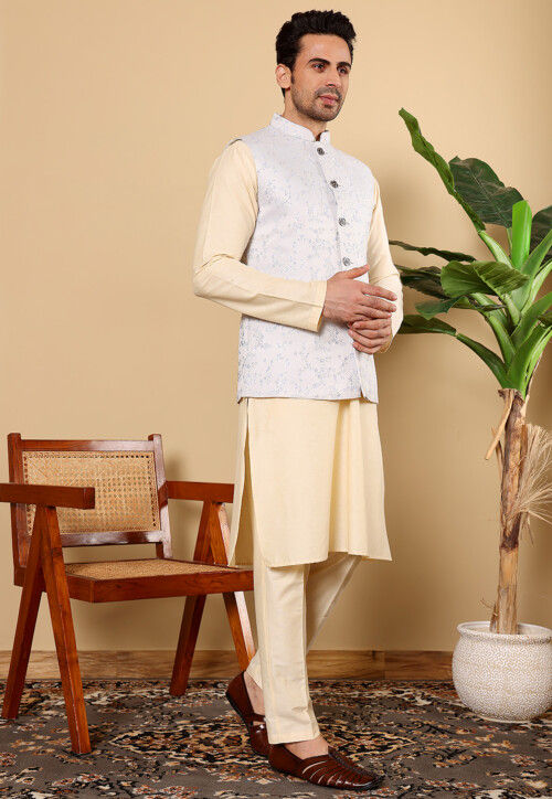 Woven Cotton Kurta Set in Light Beige and Light Blue