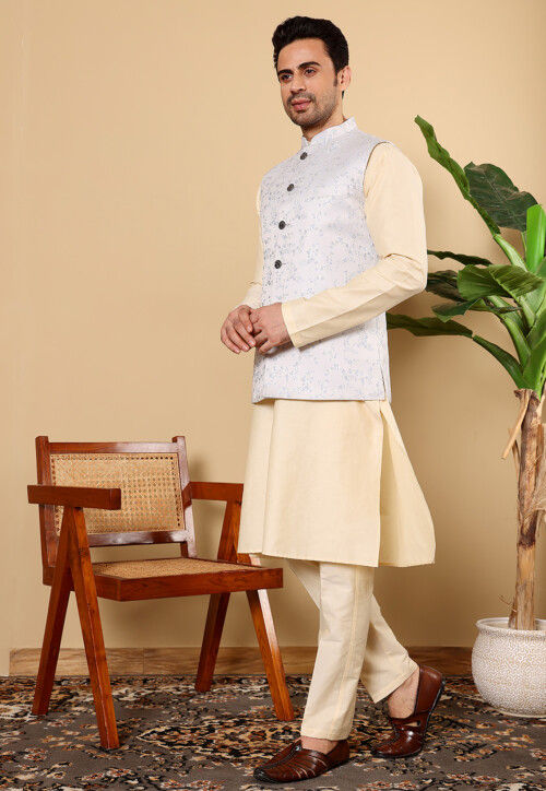 Woven Cotton Kurta Set in Light Beige and Light Blue