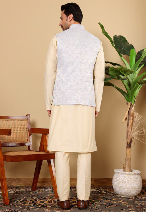Woven Cotton Kurta Set in Light Beige and Light Blue