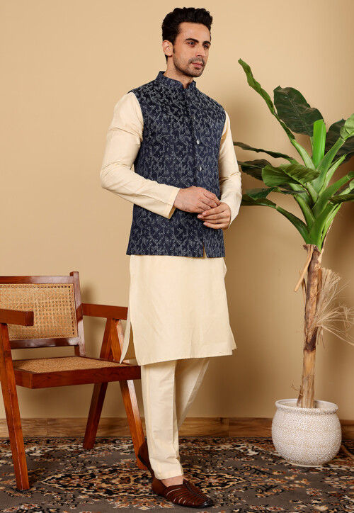 Buy Woven Cotton Kurta Set in Light Beige and Navy Blue Online : MNR107