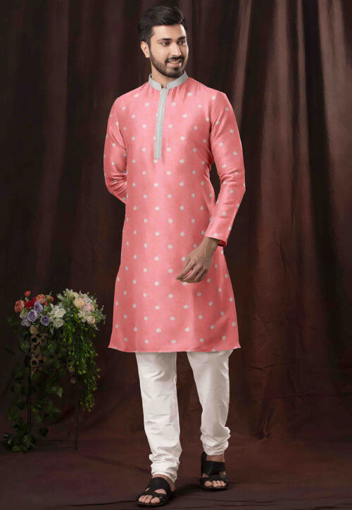 Woven Cotton Kurta Set in Peach