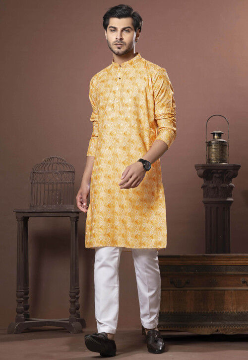 Woven Cotton Kurta Set in Yellow