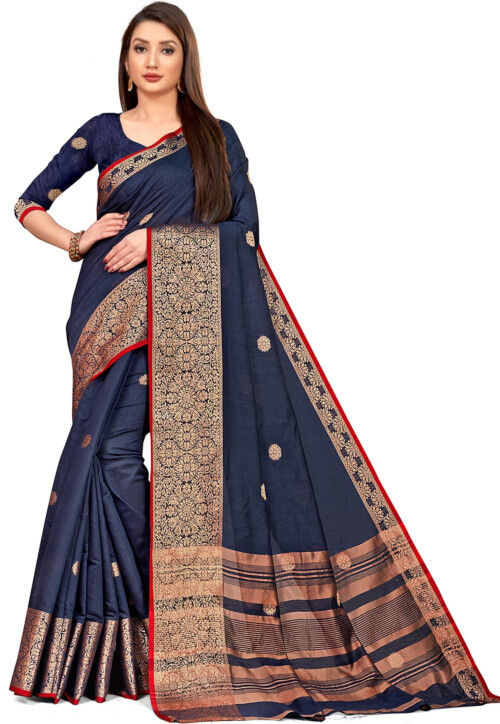 Woven Cotton Linen Saree in Navy Blue