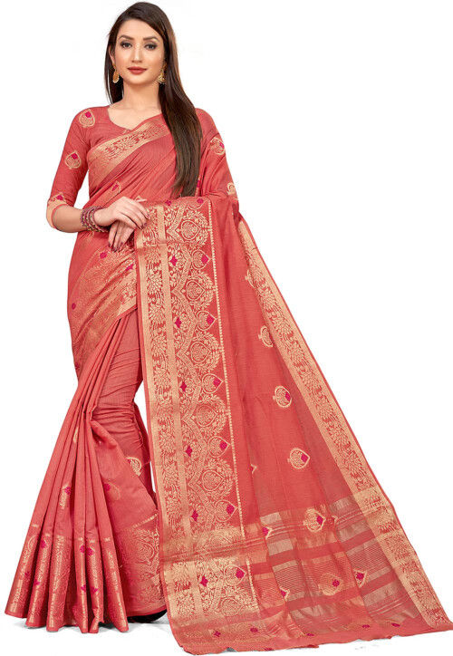 Woven Cotton Linen Saree in Peach