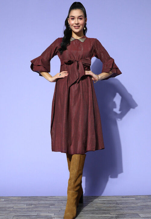 Woven Cotton Lurex Jacquard Fit N Flare Dress in Maroon TXR697
