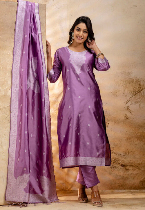 Woven Cotton Pakistani Suit in Light Purple