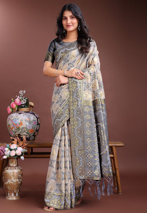 Woven Cotton Saree in Beige