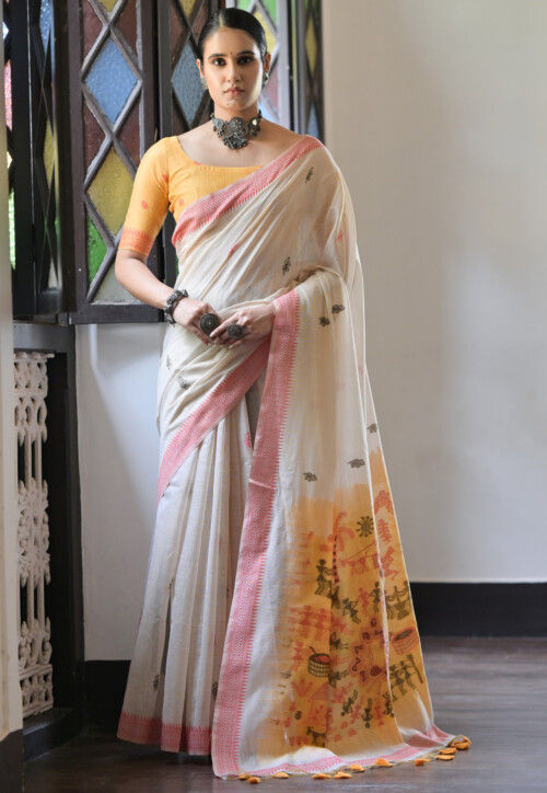 Woven Cotton Saree in Cream