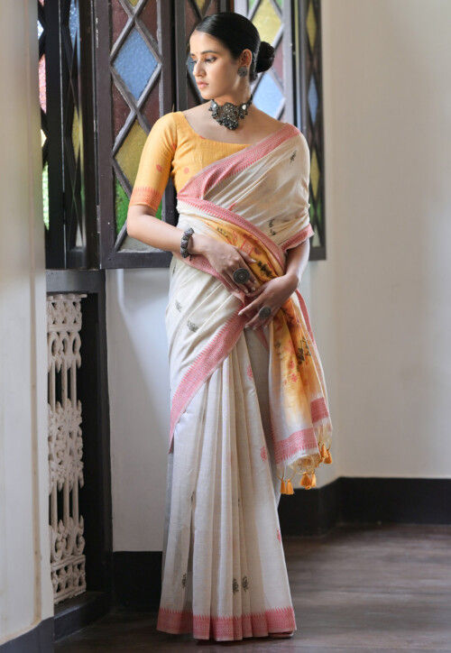 Woven Cotton Saree in Cream