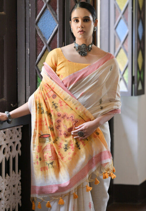 Woven Cotton Saree in Cream