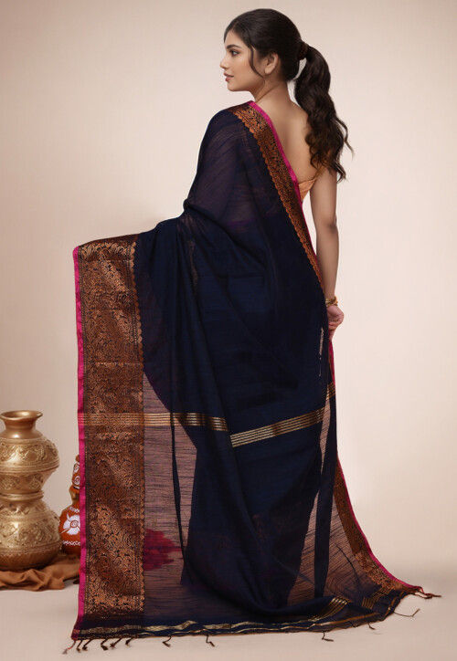 Woven Cotton Saree in Dark Navy Blue