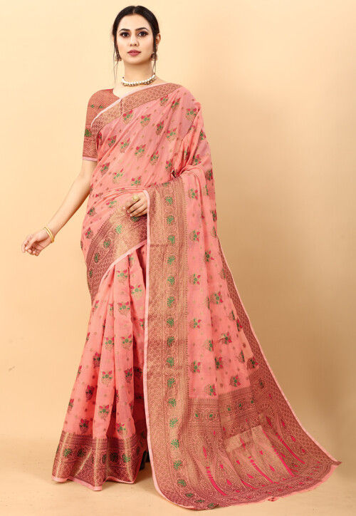 Woven Cotton Saree in Peach