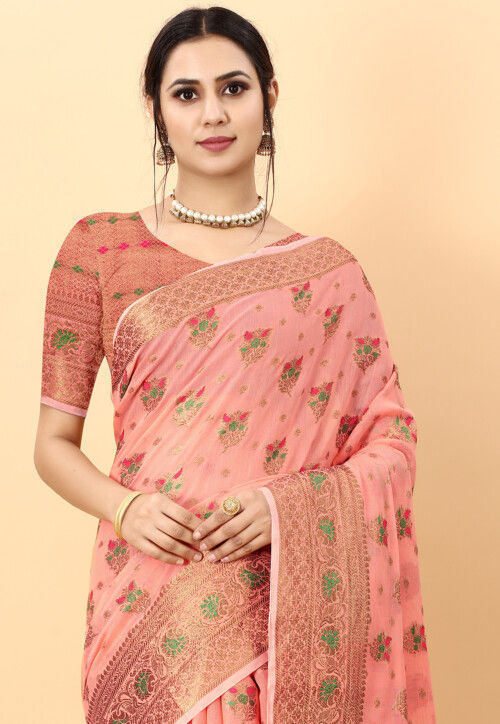 Woven Cotton Saree in Peach