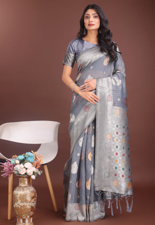 Woven Cotton Saree in Grey