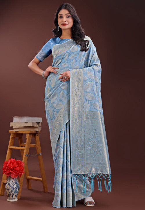 Woven Cotton Saree in Light Blue