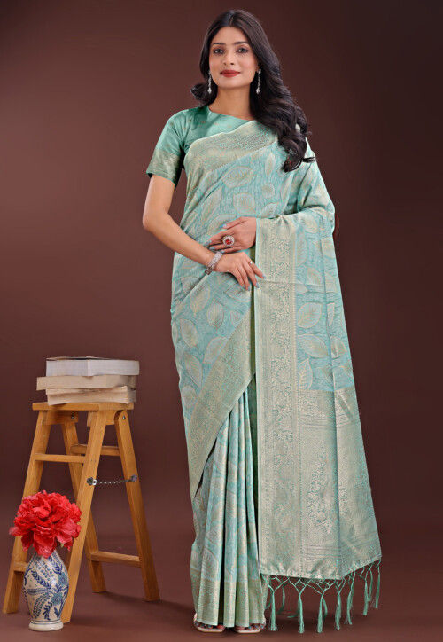 Woven Cotton Saree in Light Blue