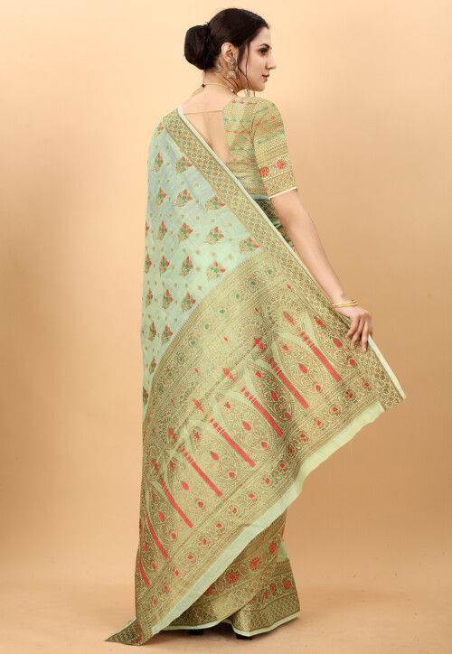 Woven Cotton Saree in Light Green