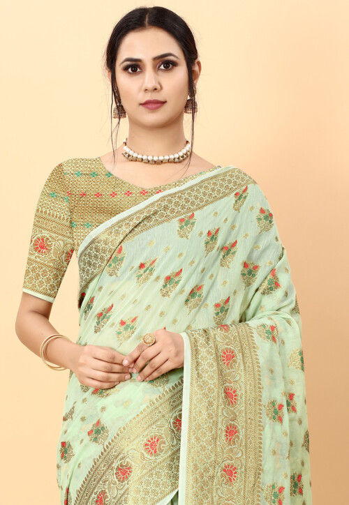 Woven Cotton Saree in Light Green