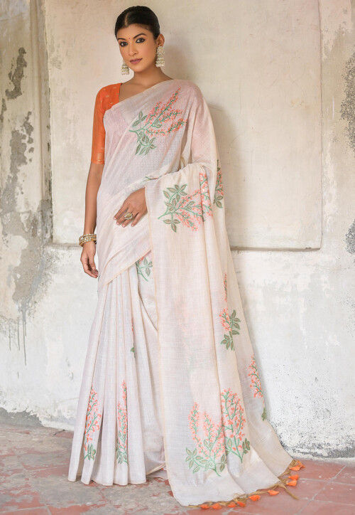 Woven Cotton Saree in Off White