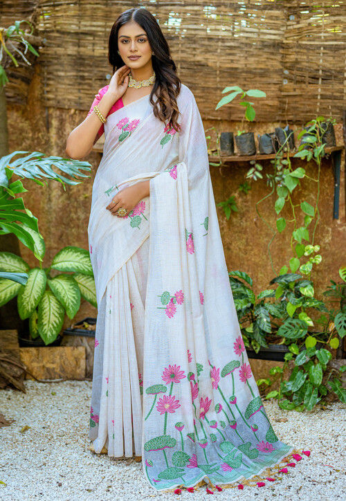 Woven Cotton Saree in Off White