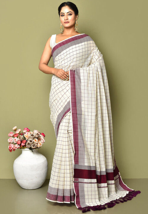 Woven Cotton Saree in Off White