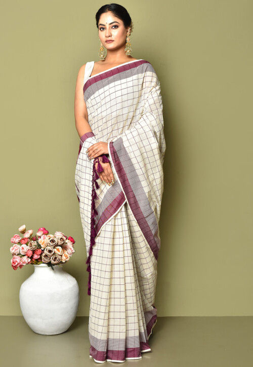 Woven Cotton Saree in Off White