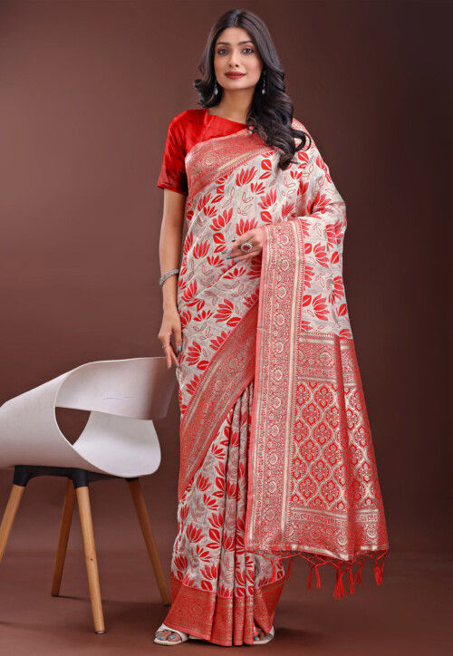 Woven Cotton Saree in Off White