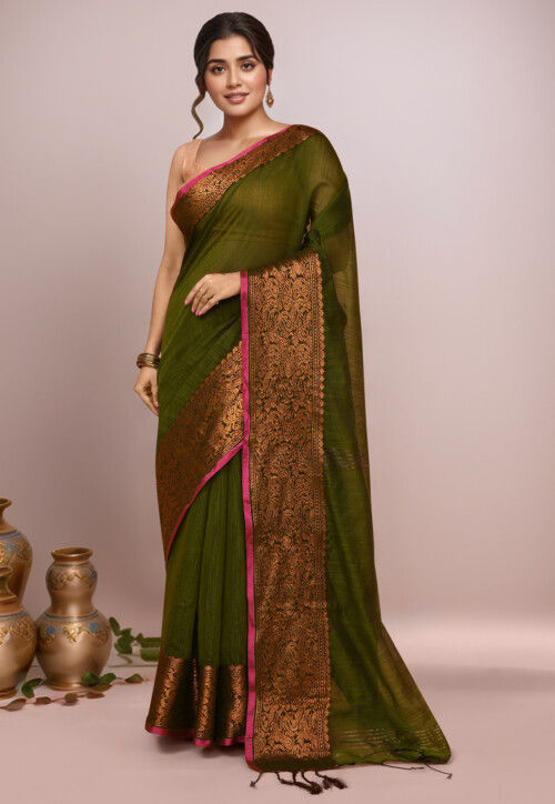 Woven Cotton Saree in Olive Green