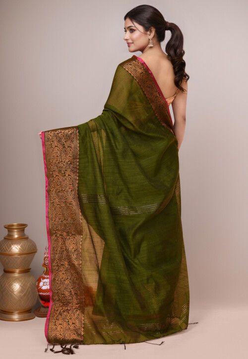 Woven Cotton Saree in Olive Green