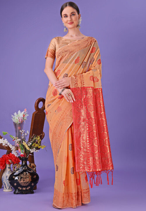 Woven Cotton Saree in Orange