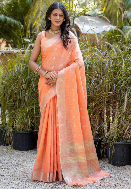 Woven Cotton Saree in Orange