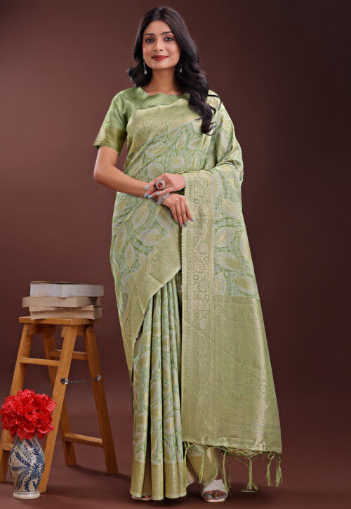 Woven Cotton Saree in Pastel Green