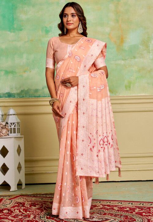 Woven Cotton Saree in Peach
