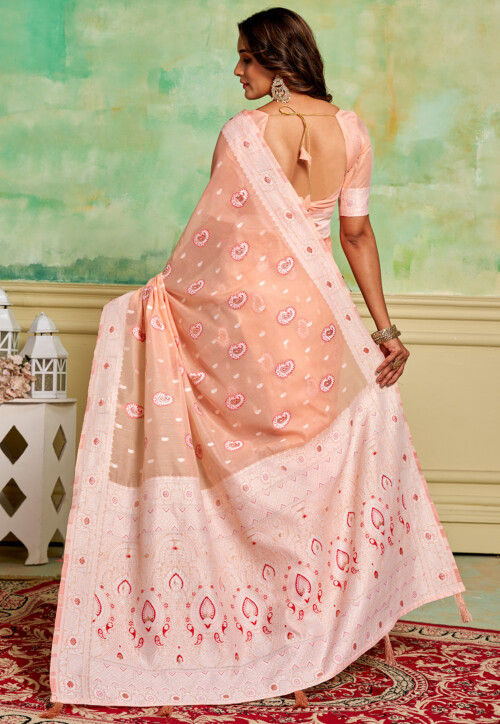 Woven Cotton Saree in Peach