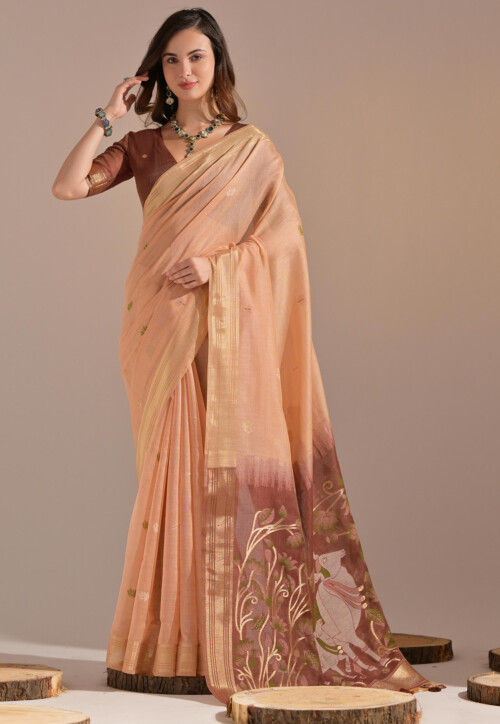 Woven Cotton Saree in Peach