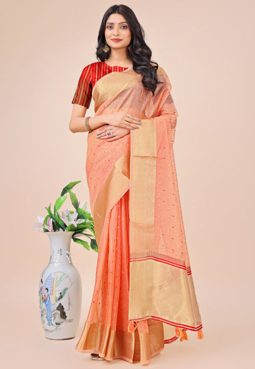 Woven Cotton Saree in Peach